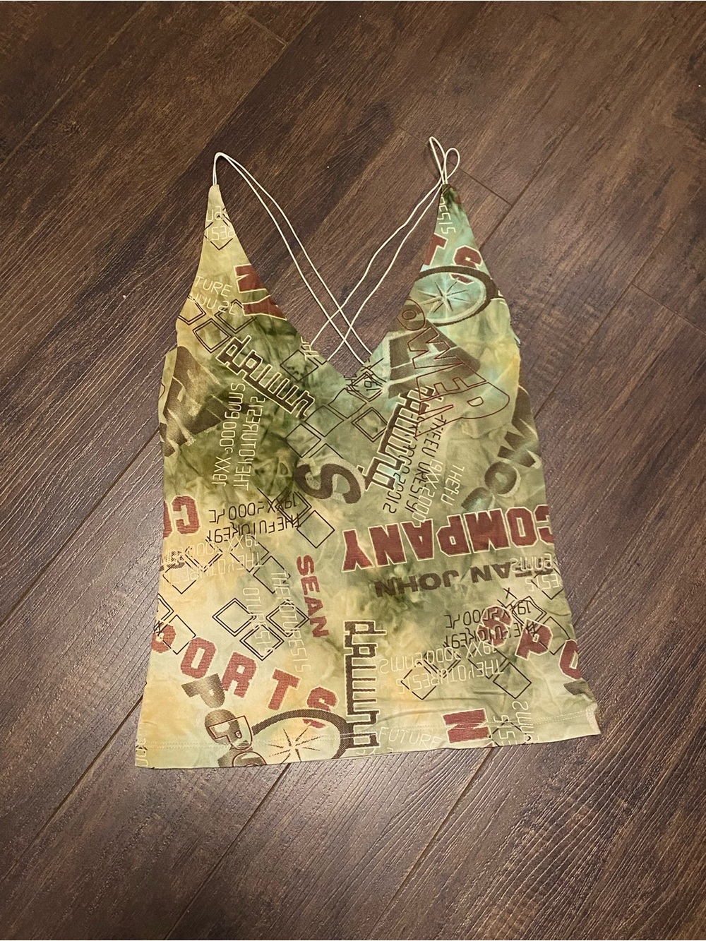 Spaghetti-Strap Printed V-Neck Tank Top — Green & Tan